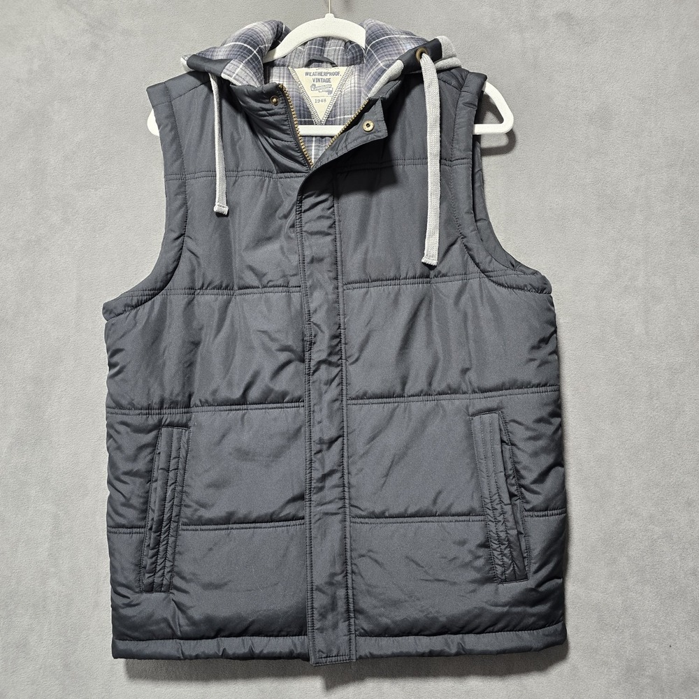 Weatherproof Vintage Quilted Vest Men's Size Med Black Hooded Flannel Lined
